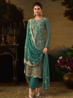 Light Teal Heavy Silk Designer Salwar Kameez